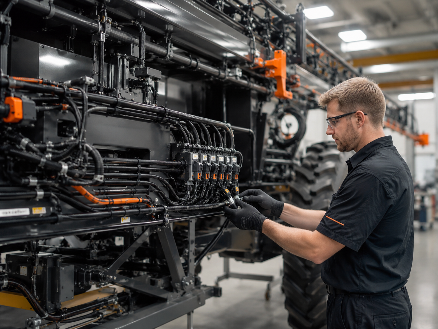 Engineer installing cable harnessing on heavy agricultural machinery